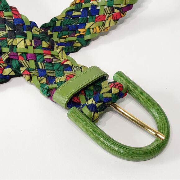 Vintage Ritz Bright Bamboo Buckle Lime Green Purple Woven Braided Belt Tropical - Picture 11 of 15